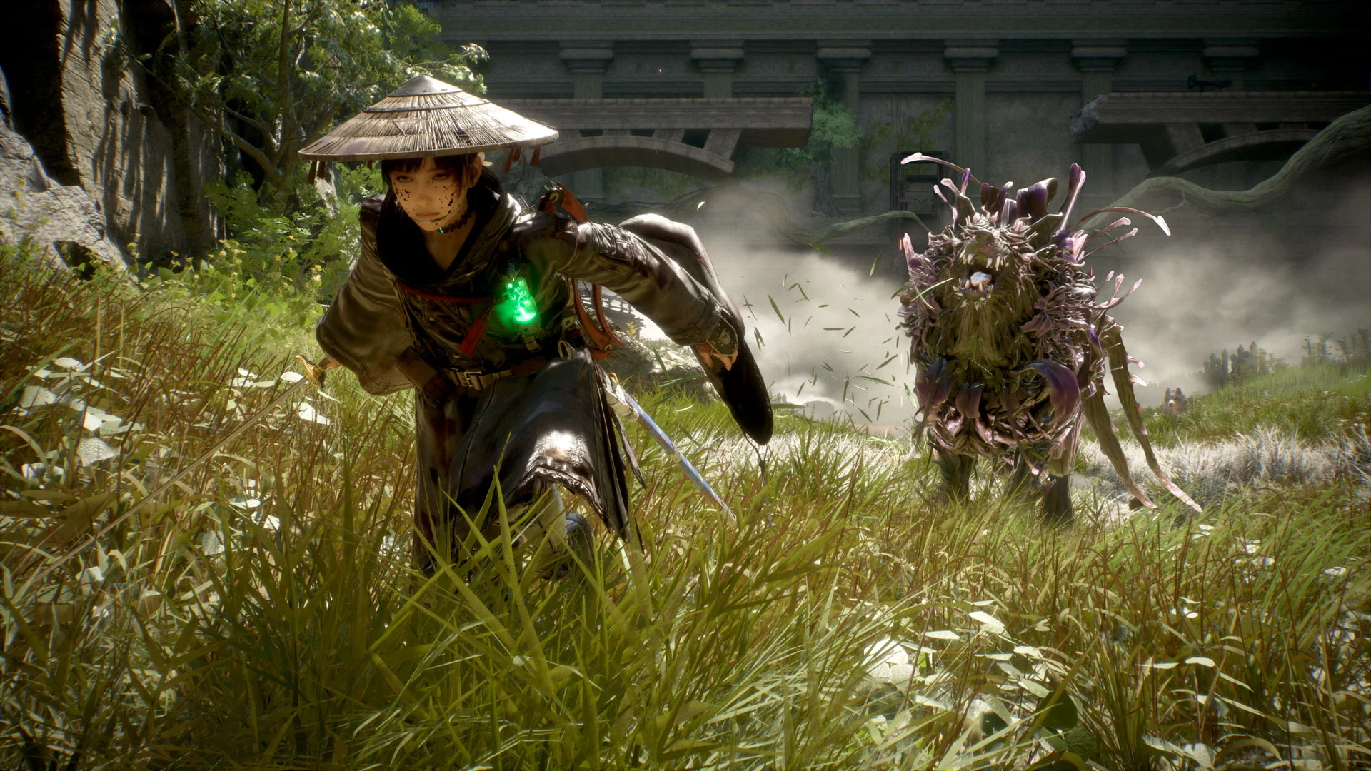 La protagonista avanza junto a Koo por un escenario de Beast of Reincarnation
