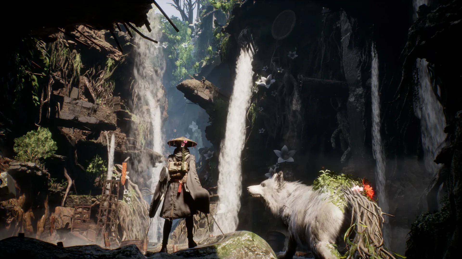 The protagonist and Koo standing before several waterfalls in Beast of Reincarnation