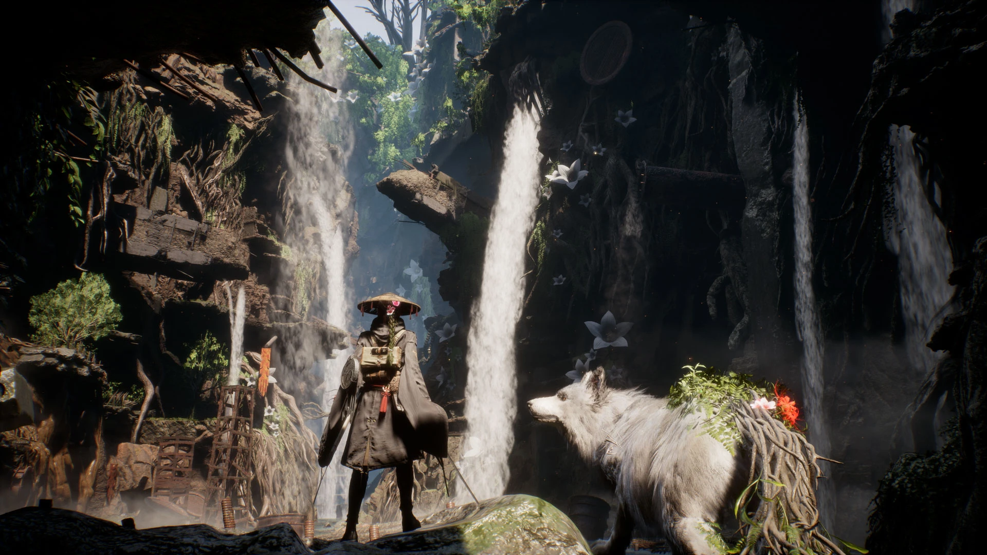 The protagonist and Koo standing before several waterfalls in Beast of Reincarnation