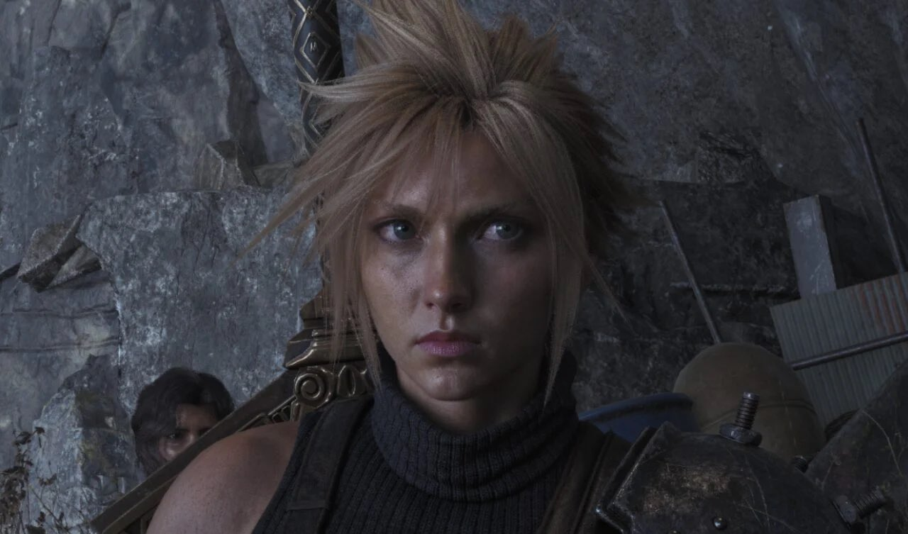 Close-up of Cloud Strife with a realistic-looking face and spiky blond hair