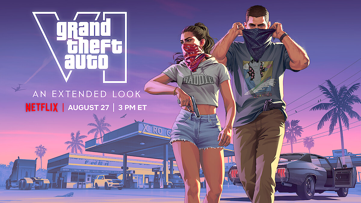 GTA VI illustration featuring two characters outside a petrol station and the announcement of the Netflix event