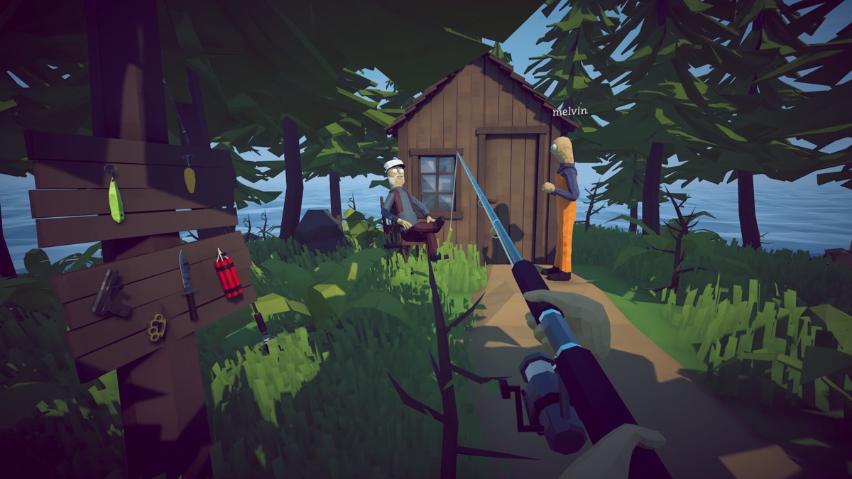 First-person scene from How to Fish with a fishing rod pointing towards two characters beside a cabin