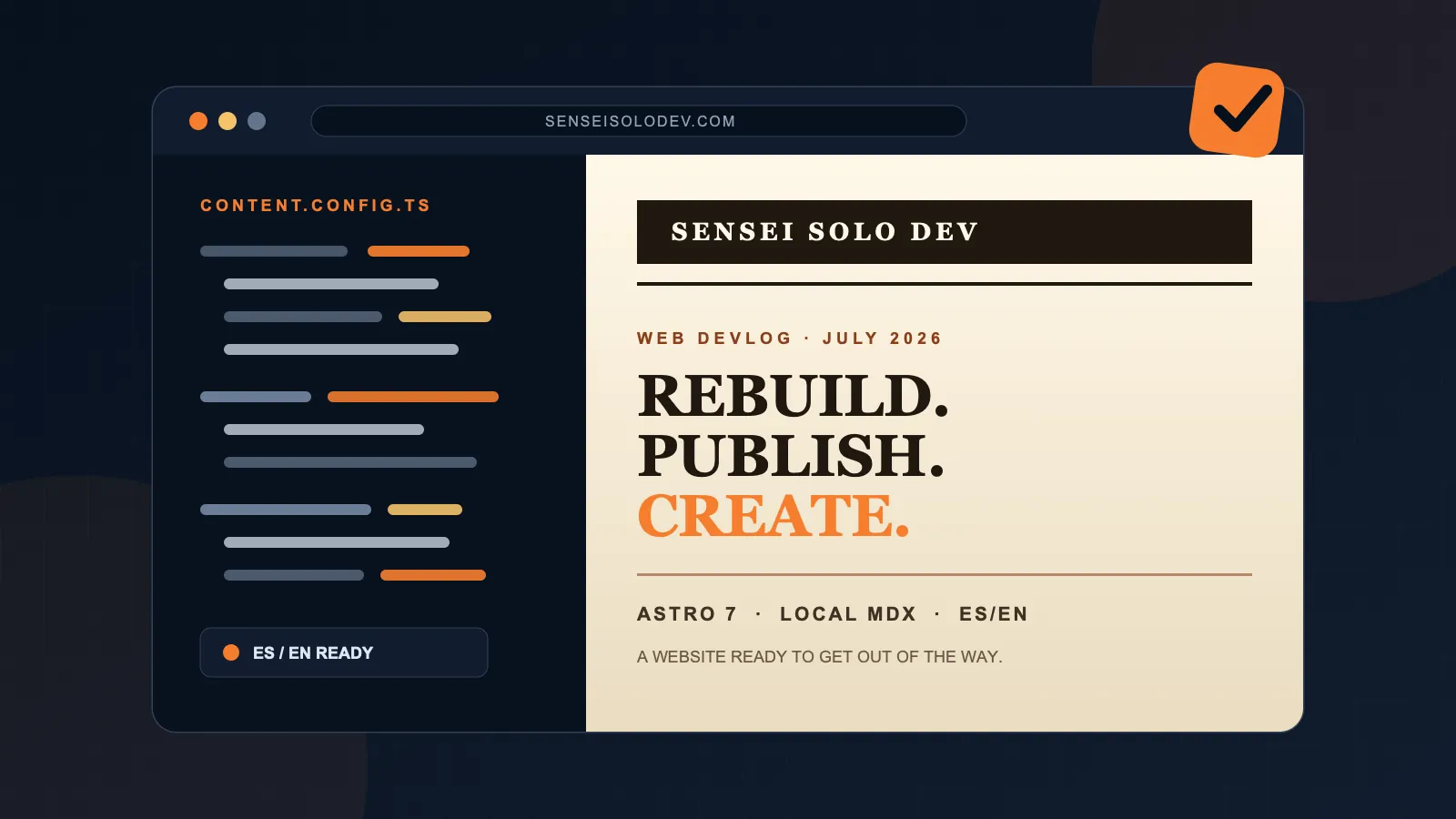 A browser window split between code and an editorial front page featuring the words rebuild, publish, and create