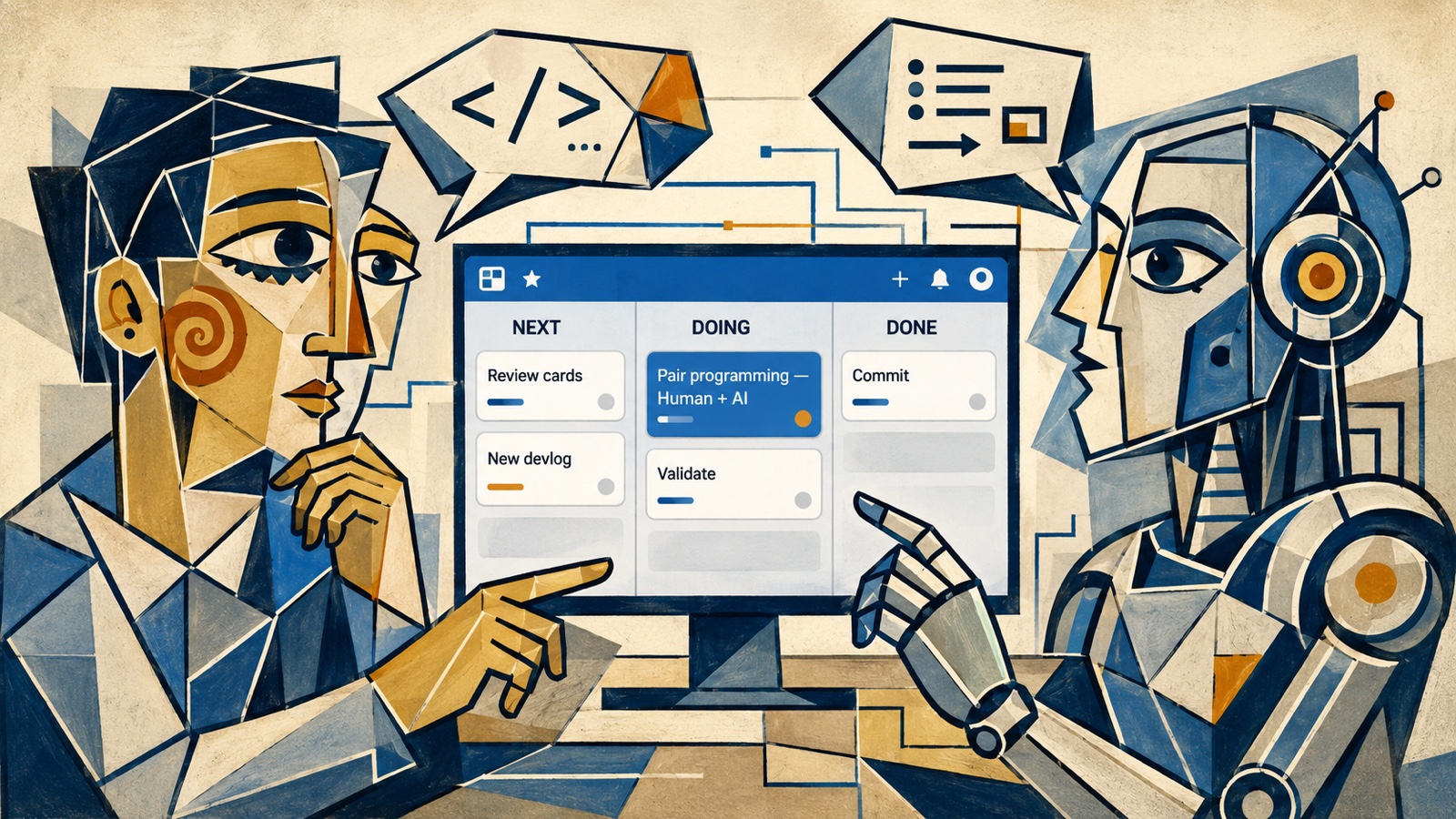 A person and an AI assistant pair programming in front of a Trello board